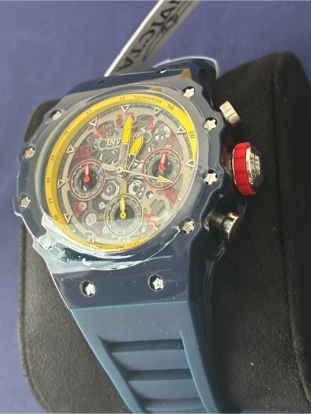 Invicta Navy Blue Watch with Yellow Accents and Red Details